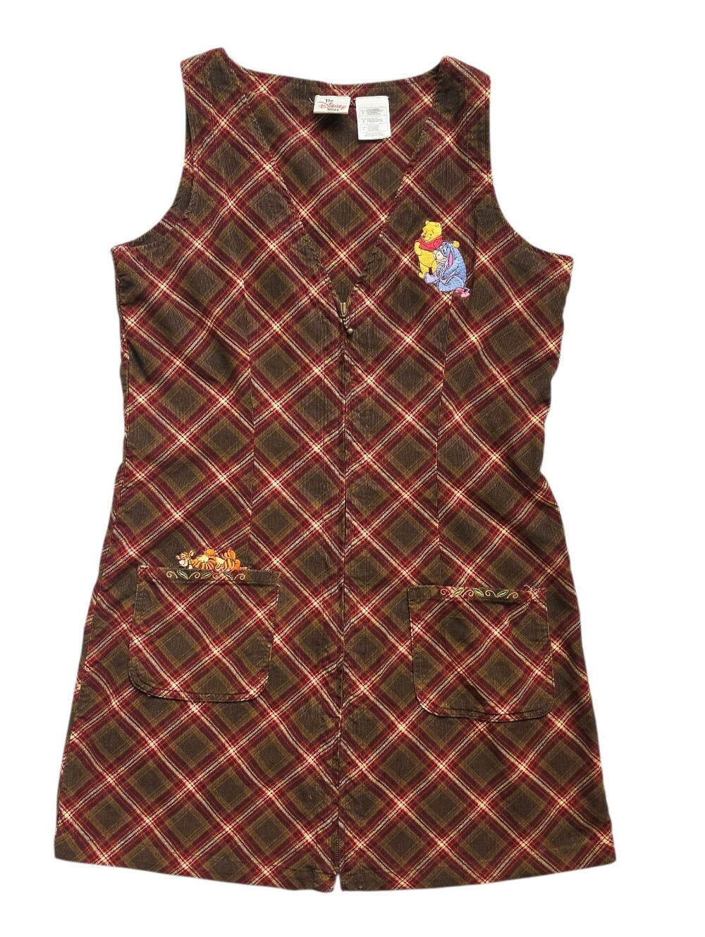 VTG 90s Disney Store Winnie the Pooh Plaid Corduroy Jumper Dress Front Zip NWOT